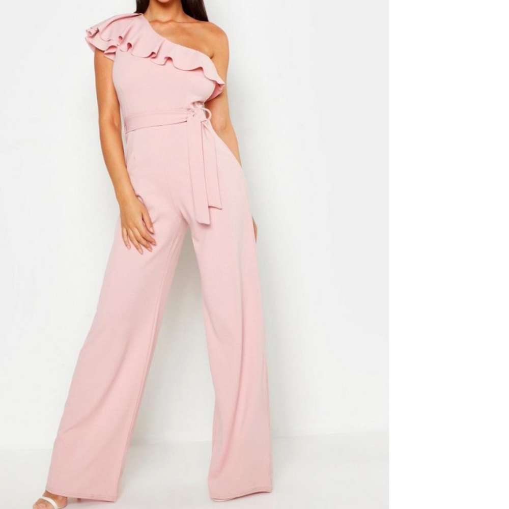 NWT Boohoo One Shoulder Tie Belt Wide Leg Jumpsuit in Pink
